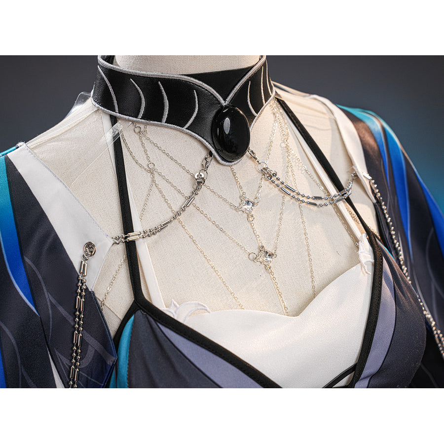 Velina Airgid cosplay costume chains drape across the chest and connect to the decorative black faux leather choker piece.