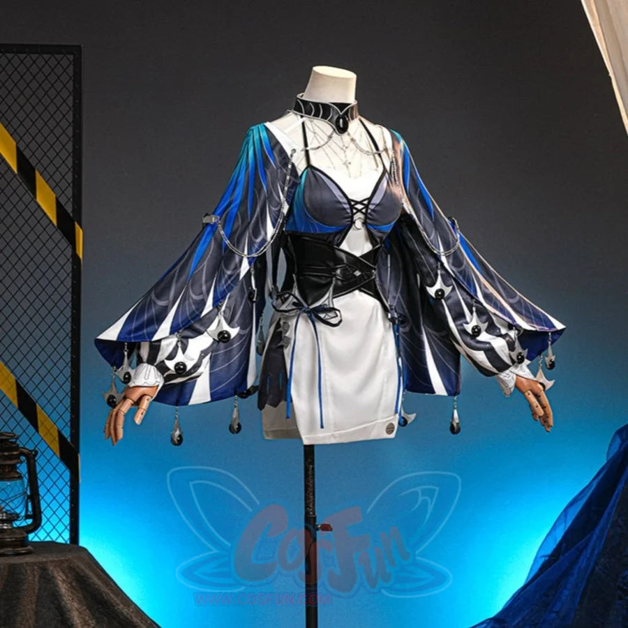 COSFUN Velina Airgid cosplay costume sets a white dress with a detailed black corset and elegant patterned blue capelet.