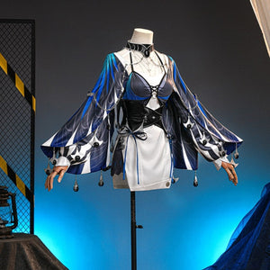 Velina Airgid cosplay costume gathers a white strapless dress with a black corset waist cincher and flowing printed sleeves.