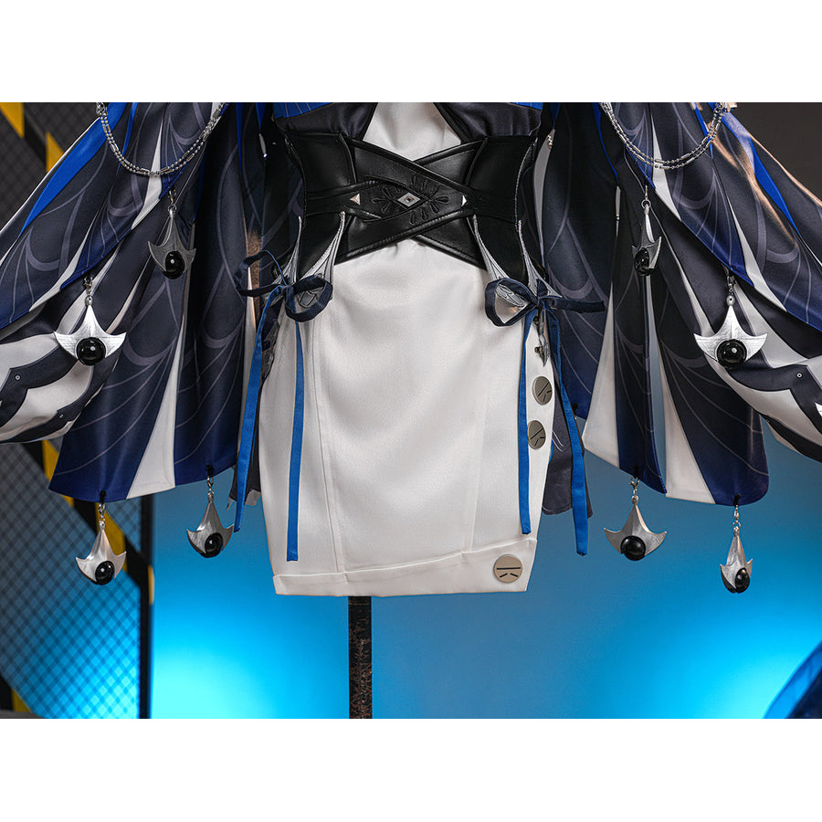 Velina Airgid cosplay costume centers white dress with black corset waist cincher and hanging chain ornaments.