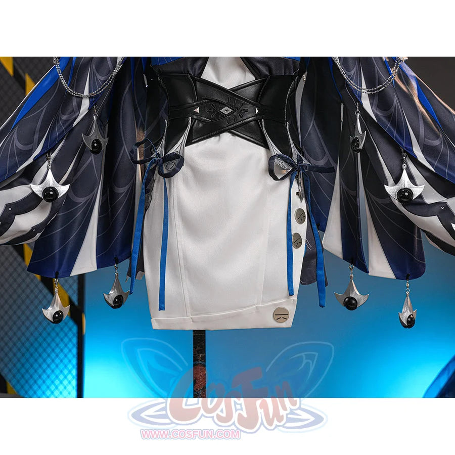 Velina Airgid cosplay costume centers white dress with black corset waist cincher and hanging chain ornaments.