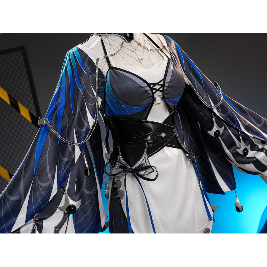 Velina Airgid cosplay costume centers the layered strapless dress with a black faux leather waist cincher and chest chain.