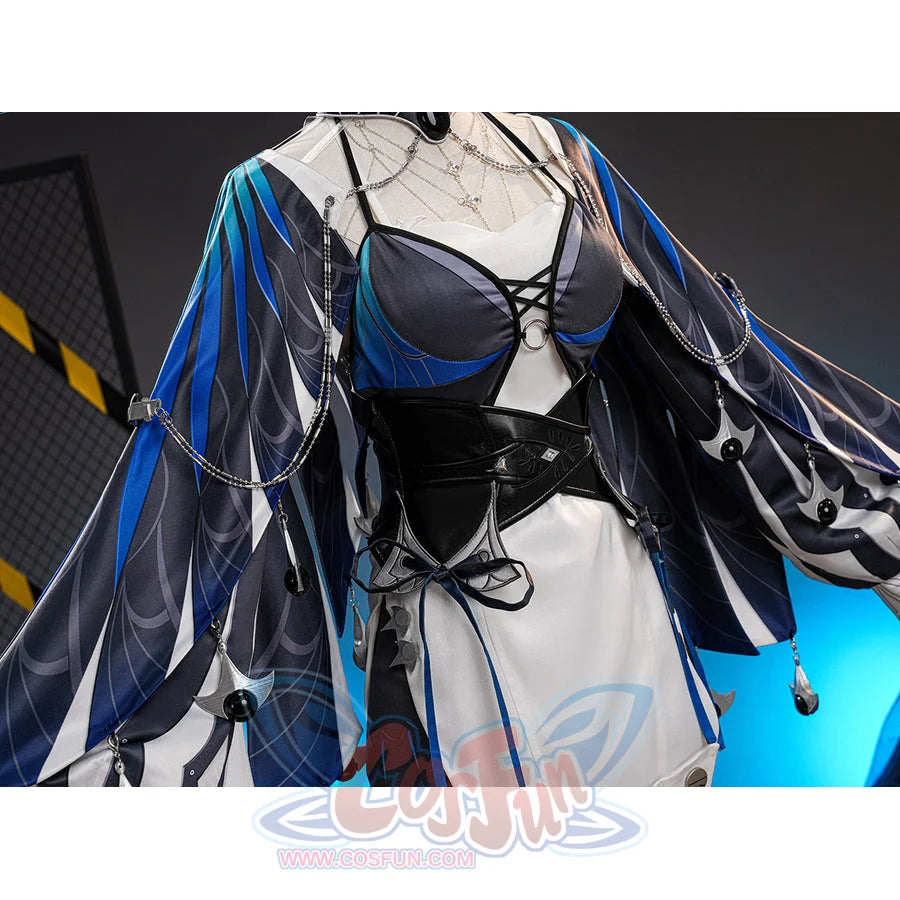 Velina Airgid cosplay costume centers the layered strapless dress with a black faux leather waist cincher and chest chain.
