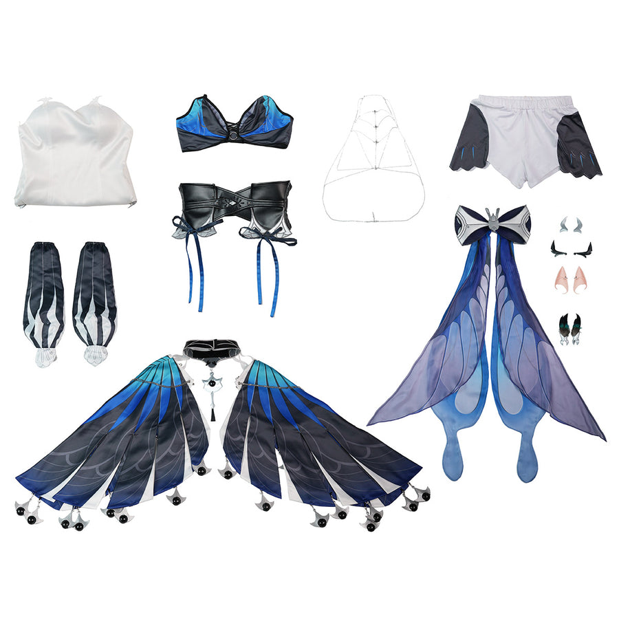 Velina Airgid cosplay costume gathers satin dress pieces alongside intricate faux leather corset and butterfly capelet.