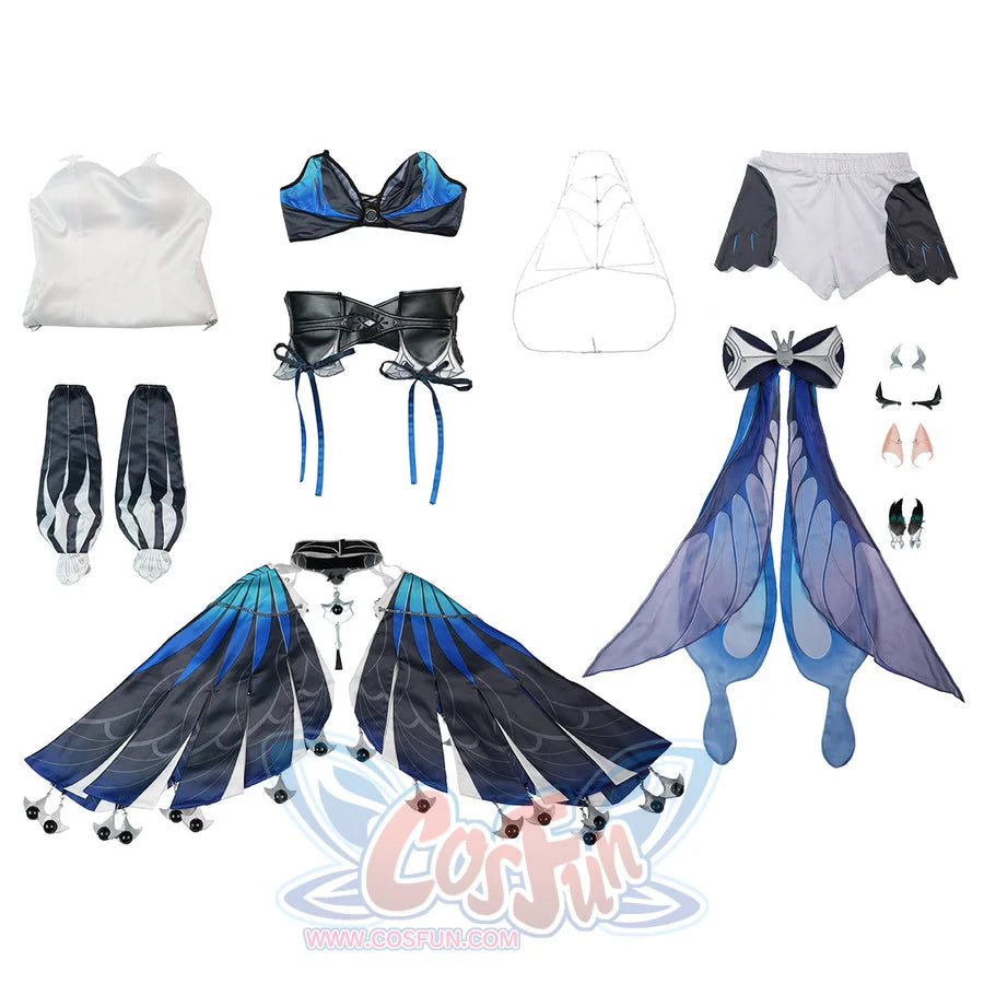 Velina Airgid cosplay costume gathers satin dress pieces alongside intricate faux leather corset and butterfly capelet.