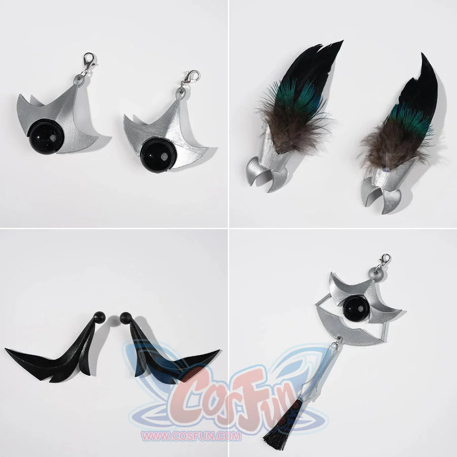 Velina Airgid cosplay costume centers headpiece set components including silver-tone charms feathered accents and dangling.