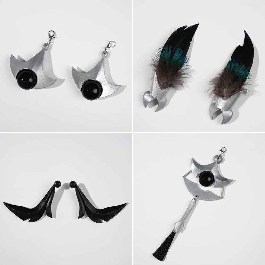 Velina Airgid cosplay costume centers headpiece set components including silver-tone charms feathered accents and dangling.