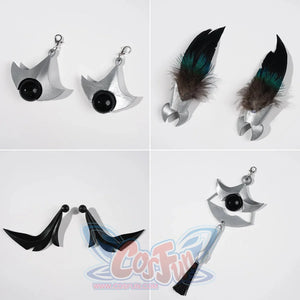 Velina Airgid cosplay costume centers headpiece set components including silver-tone charms feathered accents and dangling.
