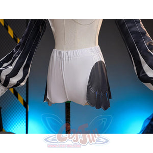 Velina Airgid cosplay costume gathers white safety shorts with decorative dark scalloped trim paired with striped sleeves.