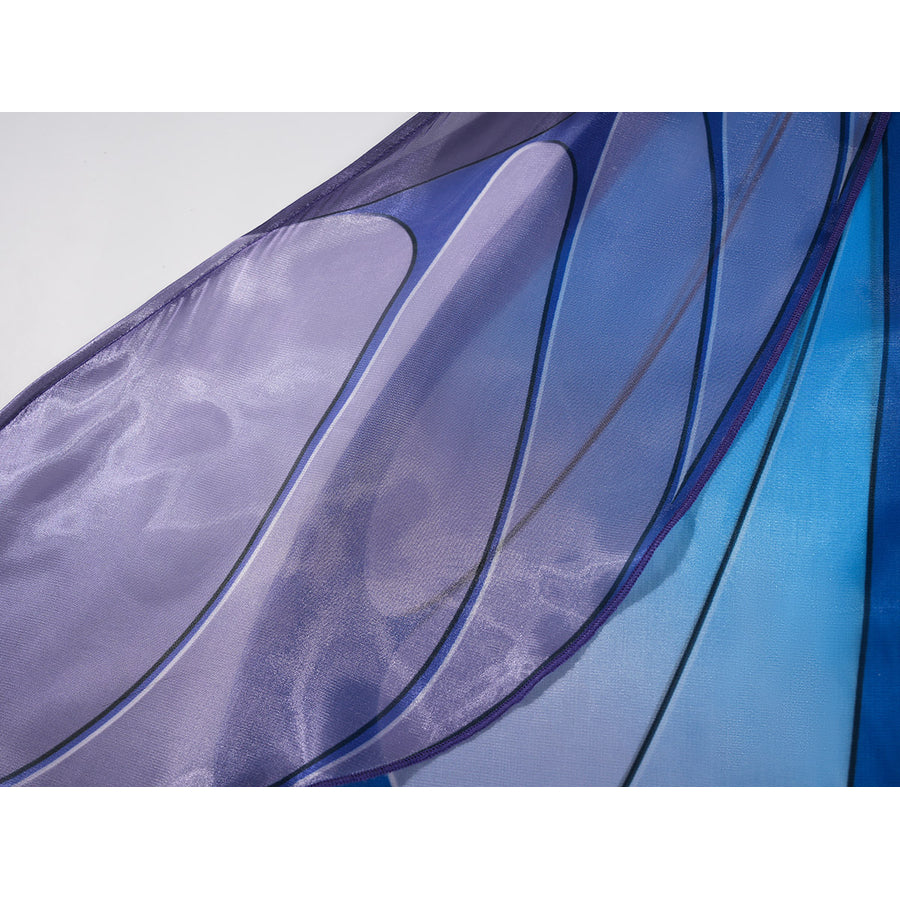 Velina Airgid cosplay costume layers blue and purple satin fabric with curved print patterns to create a flowing texture.