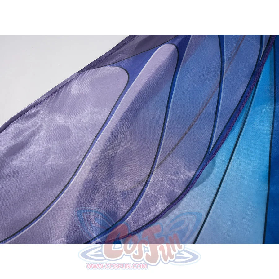 Velina Airgid cosplay costume layers blue and purple satin fabric with curved print patterns to create a flowing texture.