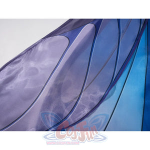 Velina Airgid cosplay costume layers blue and purple satin fabric with curved print patterns to create a flowing texture.