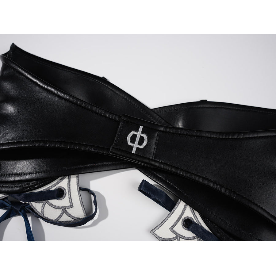 Velina Airgid cosplay costume traces the curves of a black faux leather waist cincher accented with blue ribbon lacing.