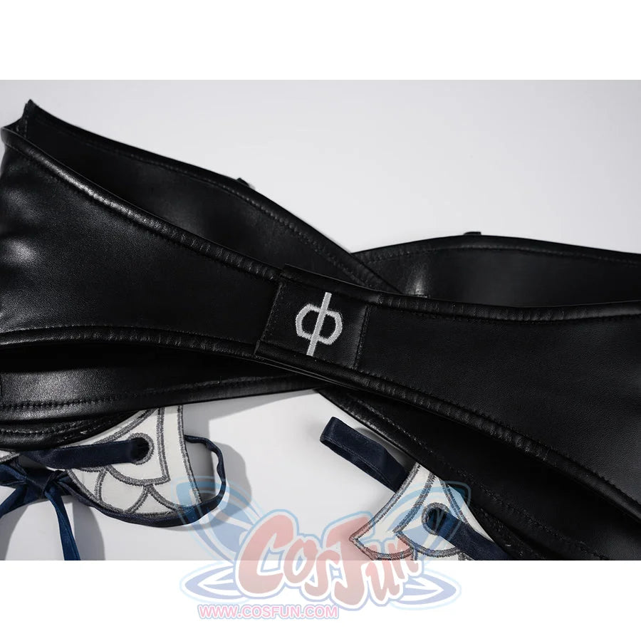 Velina Airgid cosplay costume traces the curves of a black faux leather waist cincher accented with blue ribbon lacing.