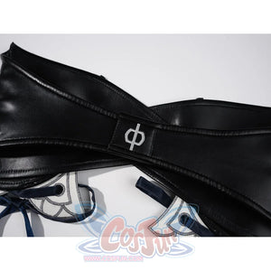 Velina Airgid cosplay costume traces the curves of a black faux leather waist cincher accented with blue ribbon lacing.