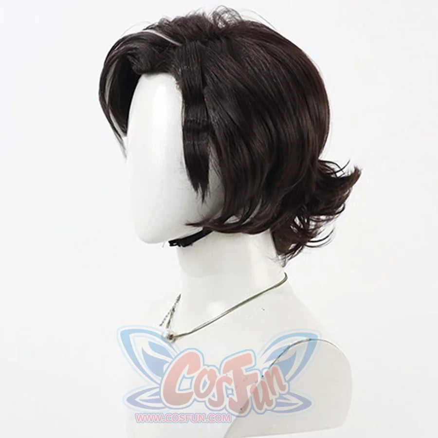 Angled front view of Verso cosplay wig from Clair Obscur Expedition 33 with short dark layers and curled ends
