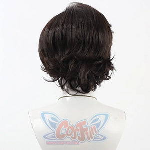 Back view of Verso cosplay wig from Clair Obscur Expedition 33 with short dark wavy layers and curled nape ends