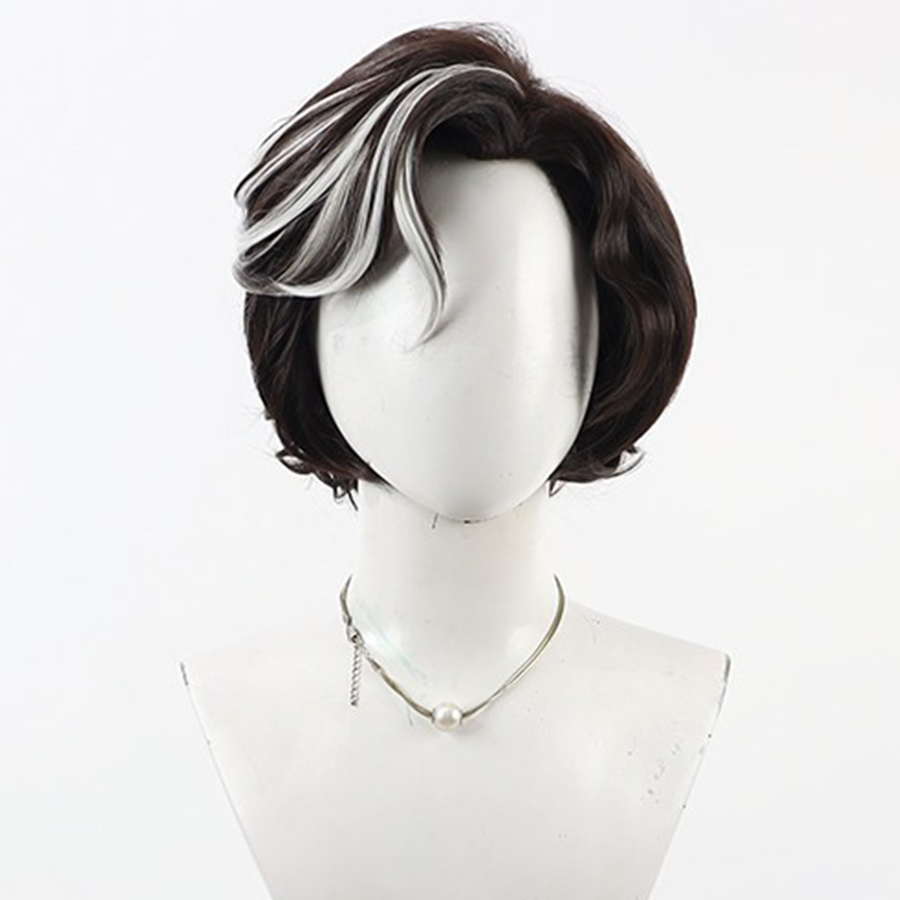 Front view of Verso cosplay wig from Clair Obscur Expedition 33 with short dark hair and white highlighted bangs
