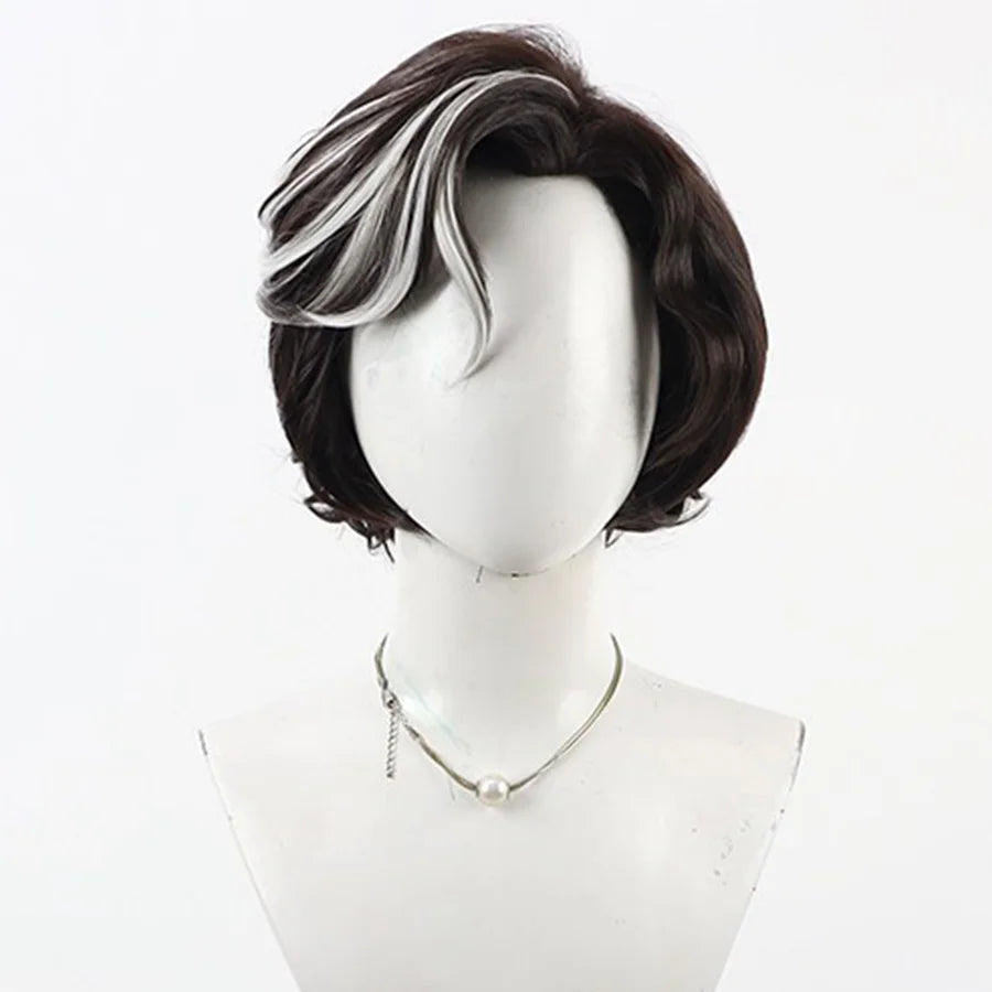 Front view of Verso cosplay wig from Clair Obscur Expedition 33 with short dark hair and white highlighted bangs