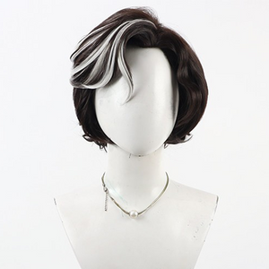 Front view of Verso cosplay wig from Clair Obscur Expedition 33 with short dark hair and white highlighted bangs