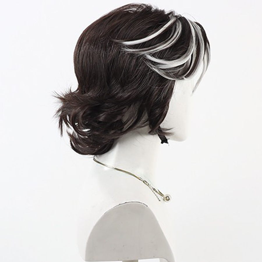 Side view of Verso cosplay wig from Clair Obscur Expedition 33 with dark layered curls and white front highlights