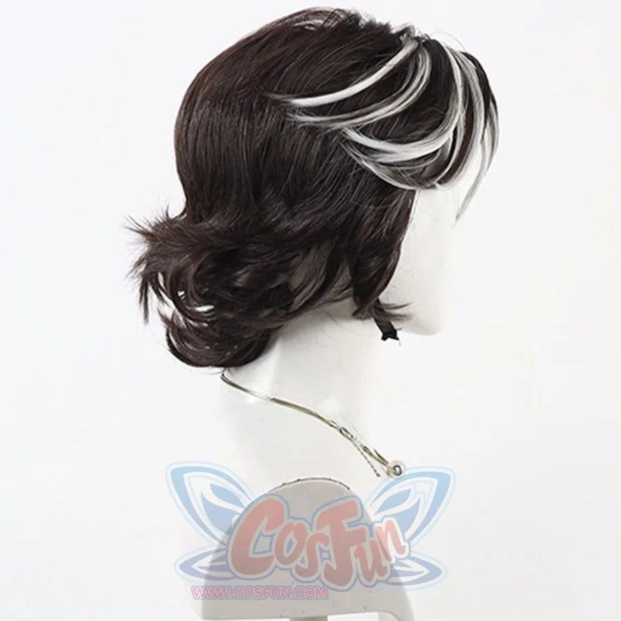 Front view of Verso cosplay wig from Clair Obscur Expedition 33 with short dark hair and white highlighted bangs
