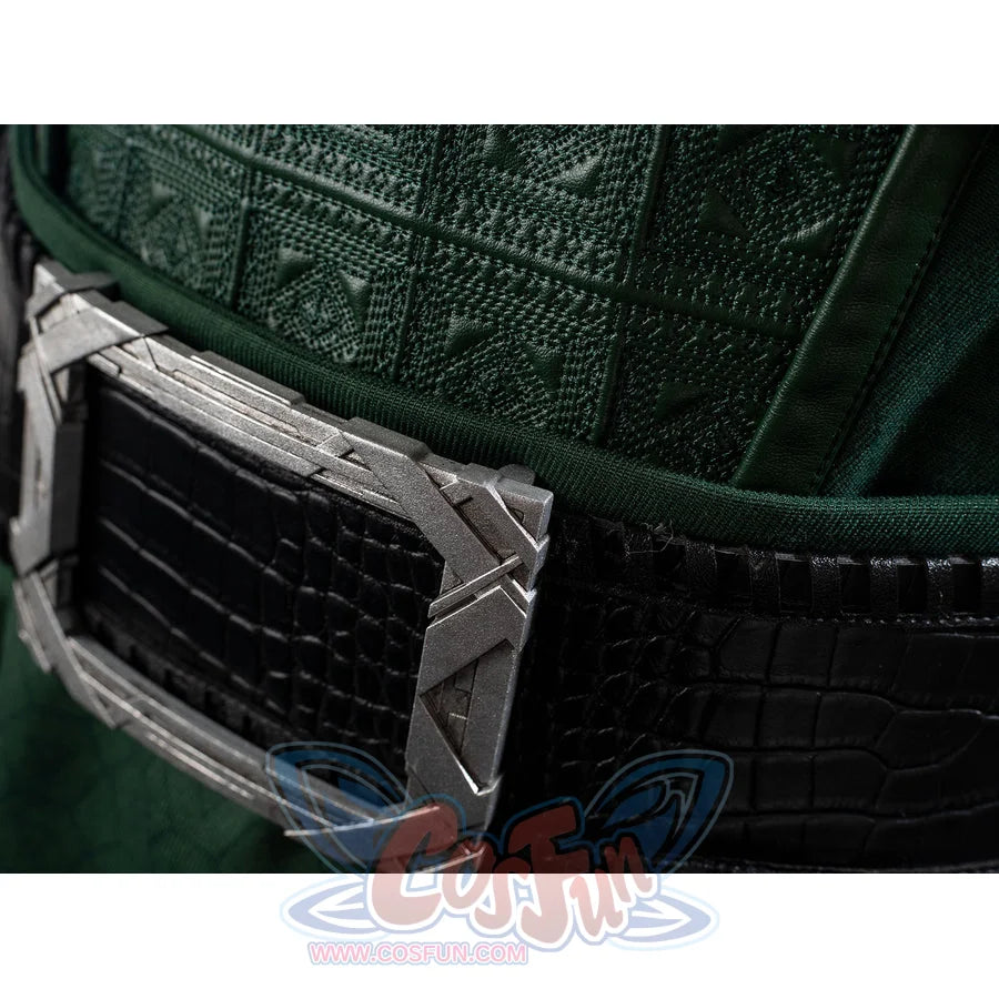 Victor Von Doom cosplay costume angles the silver-tone belt buckle across a black faux leather waist band.
