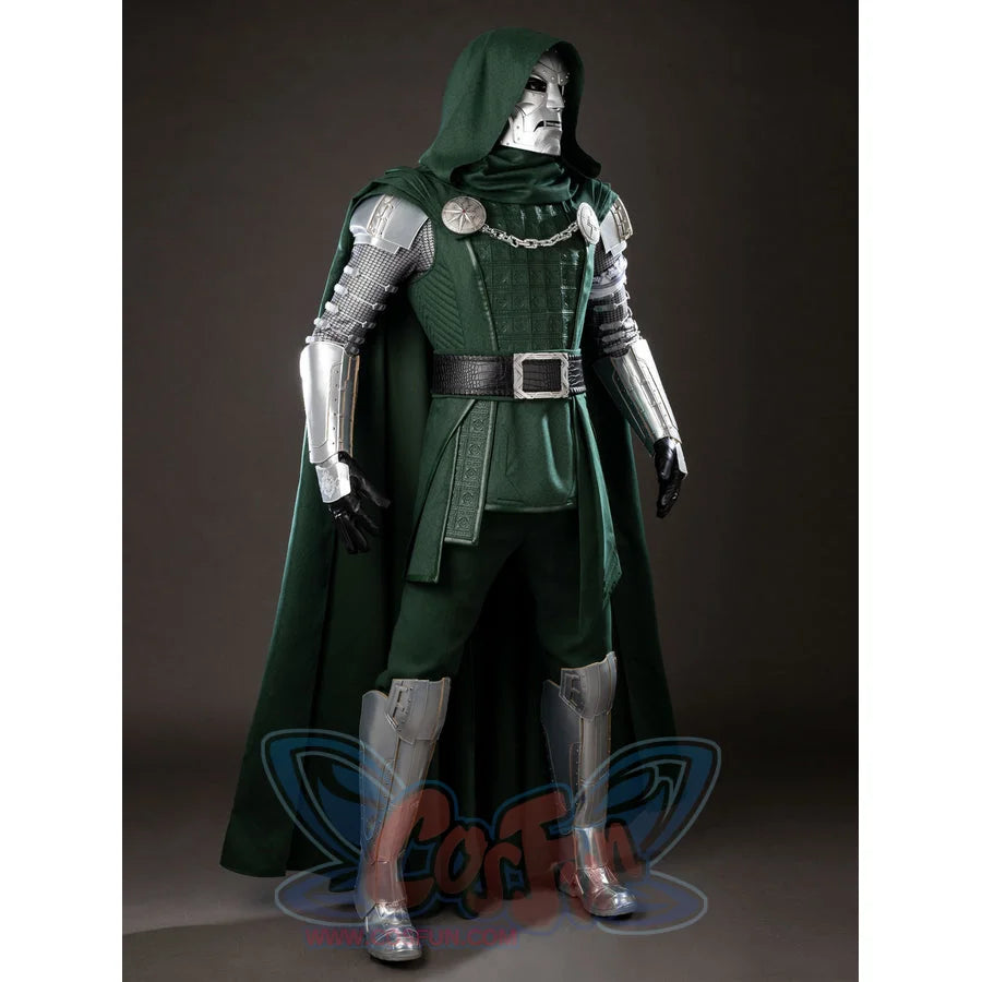 Victor Von Doom cosplay costume angles the green cape beside metallic gauntlets and textured chest armor.