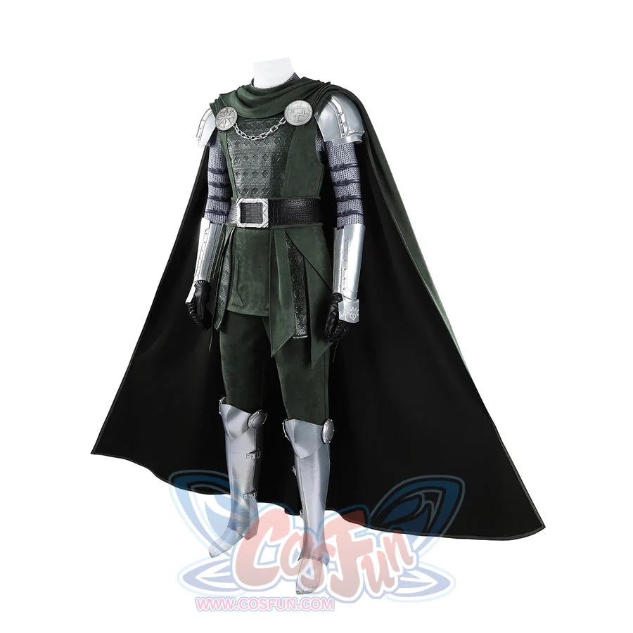 Doom Victor von Doom cosplay costume angles the green tunic below round shoulder discs.