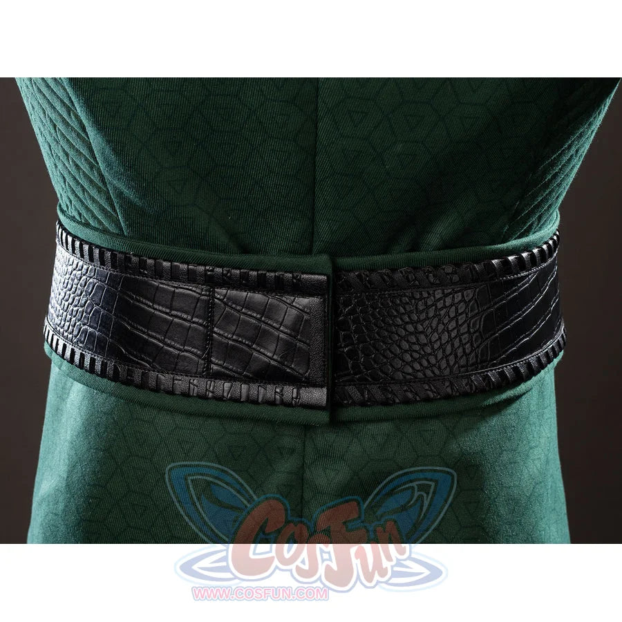 Victor Von Doom cosplay costume rear detail sets a black faux leather belt across textured green fabric.