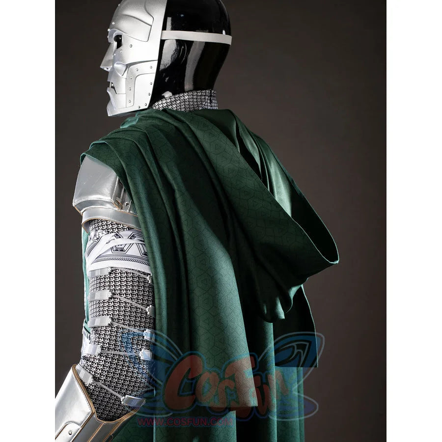 Victor Von Doom cosplay costume side back view layers a green hooded cape over shoulder armor and patterned sleeves.