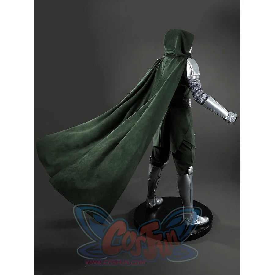 Doom Victor von Doom cosplay costume turns the green cape over silver arm armor.