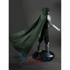 Doom Victor von Doom cosplay costume turns the green cape over silver arm armor.