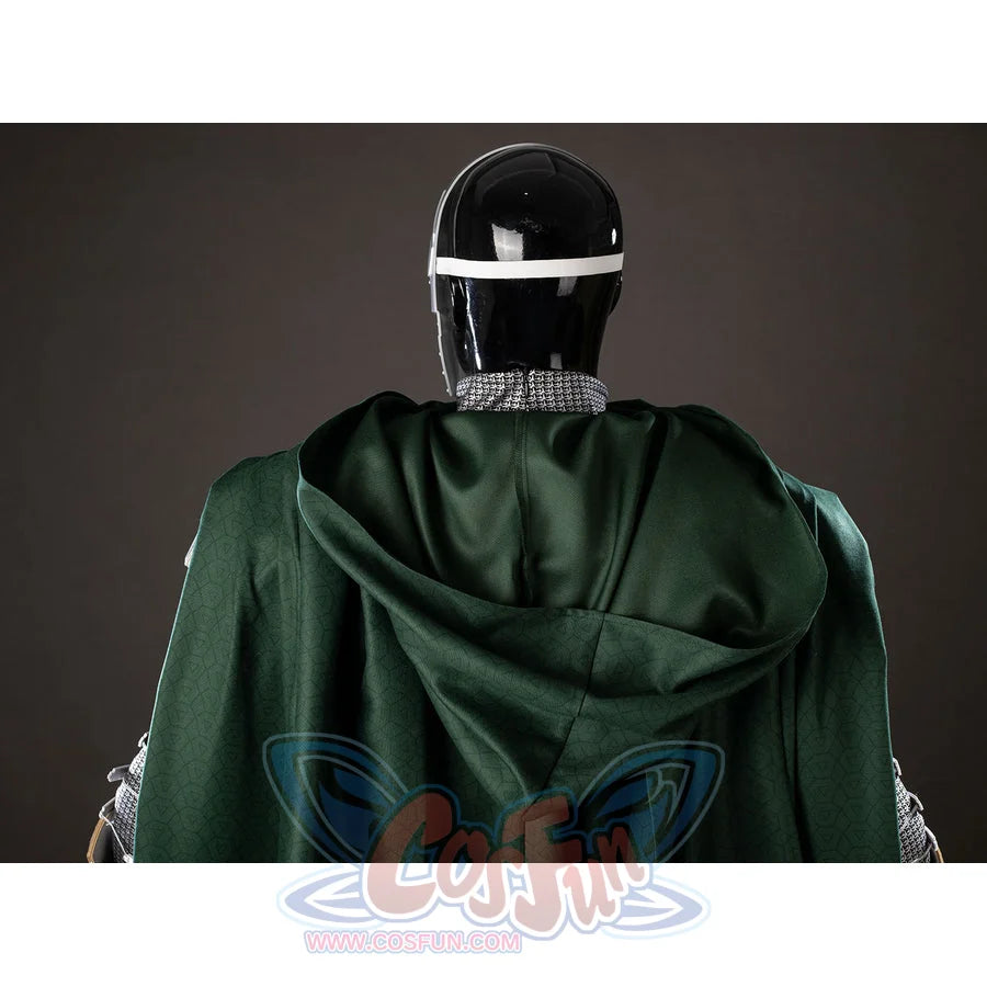 Victor Von Doom cosplay costume folds the green hood and cape across the back above chainmail-pattern collar trim.