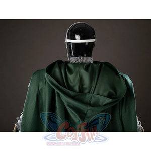 Victor Von Doom cosplay costume folds the green hood and cape across the back above chainmail-pattern collar trim.