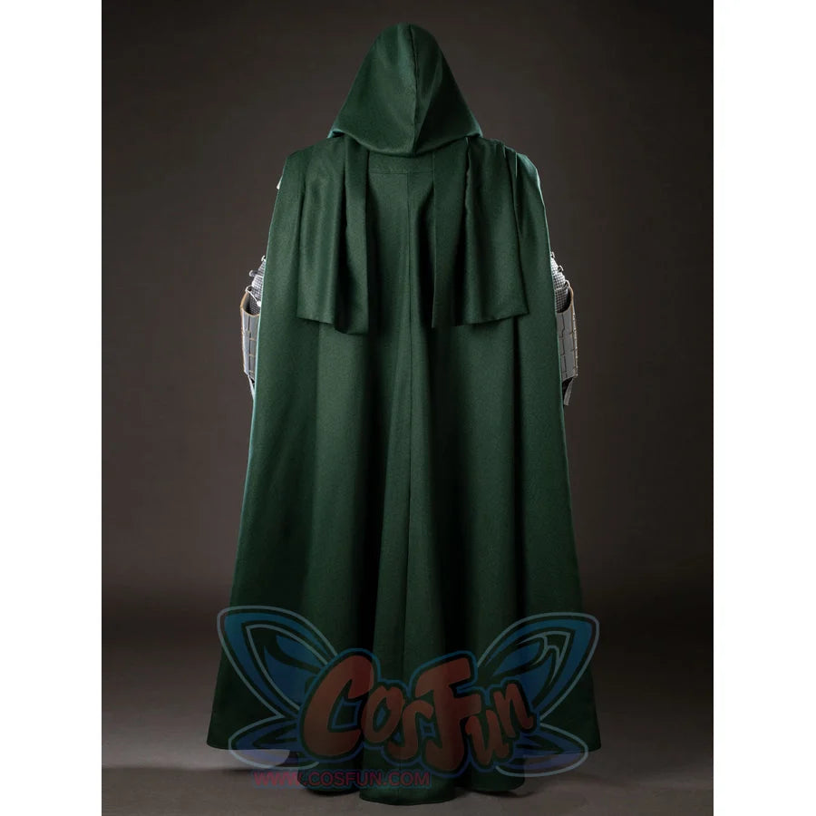 Victor Von Doom cosplay costume drapes a long green hooded cape over the back in a full rear view.
