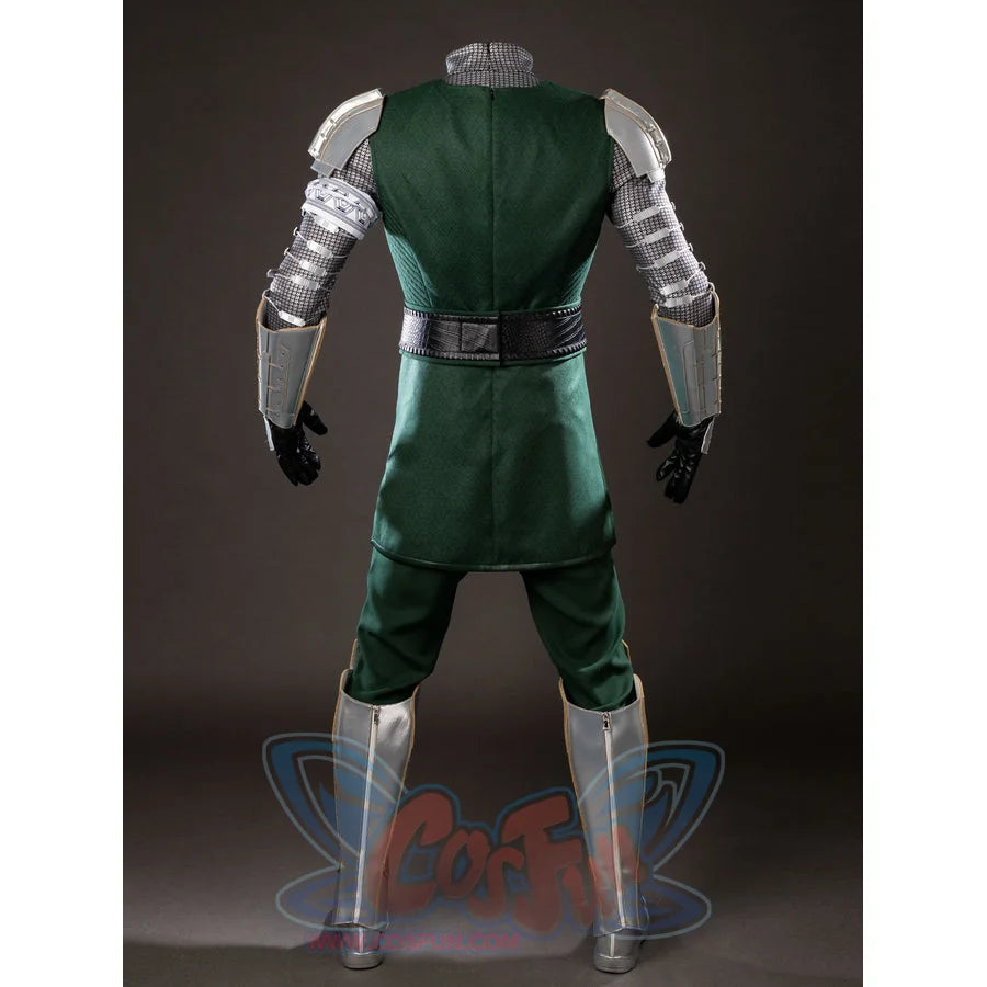 Victor Von Doom cosplay costume rear view sets green tunic panels between arm armor and leg guards.