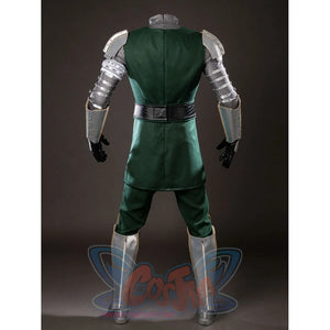Victor Von Doom cosplay costume rear view sets green tunic panels between arm armor and leg guards.