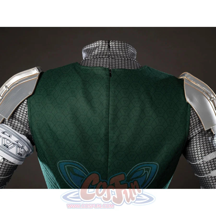 Victor Von Doom cosplay costume back panel centers textured green fabric between shoulder armor and collar trim.