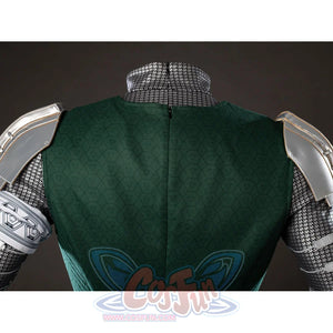 Victor Von Doom cosplay costume back panel centers textured green fabric between shoulder armor and collar trim.