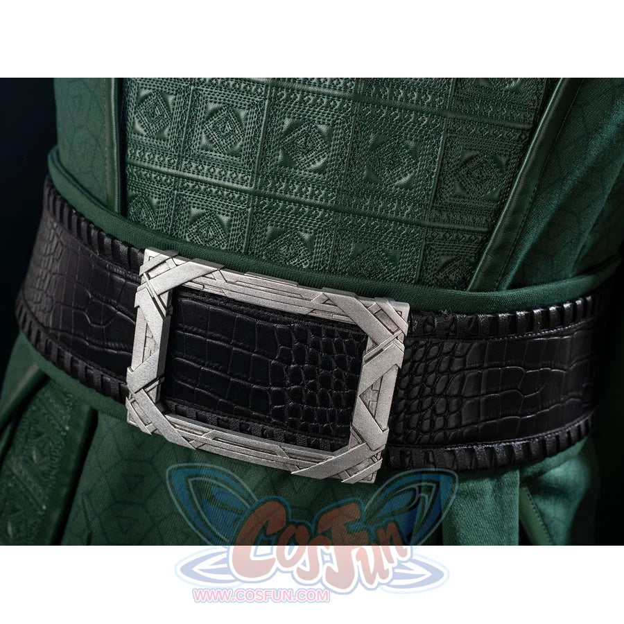 Victor Von Doom cosplay costume frames a black faux leather belt with an angular silver-tone buckle.