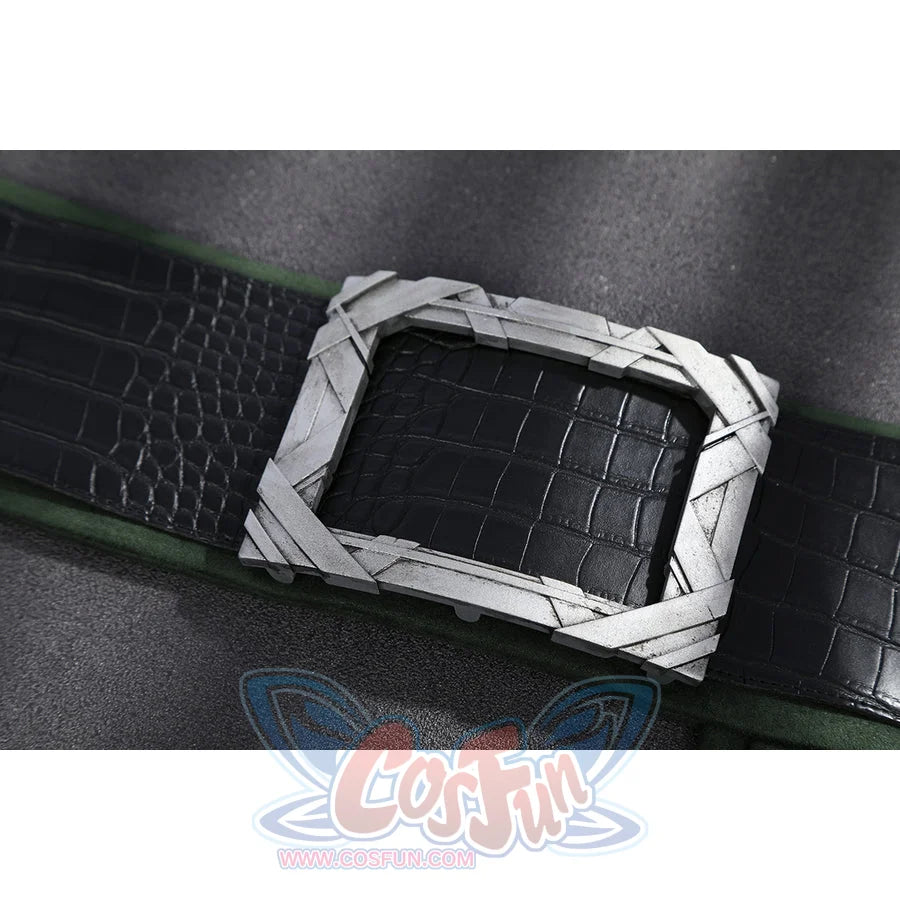 Doom Victor von Doom cosplay costume frames the silver buckle over black faux leather texture.