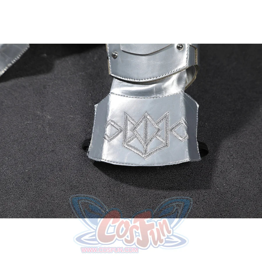 Doom Victor von Doom cosplay costume anchors angular silver boot armor above the toe.