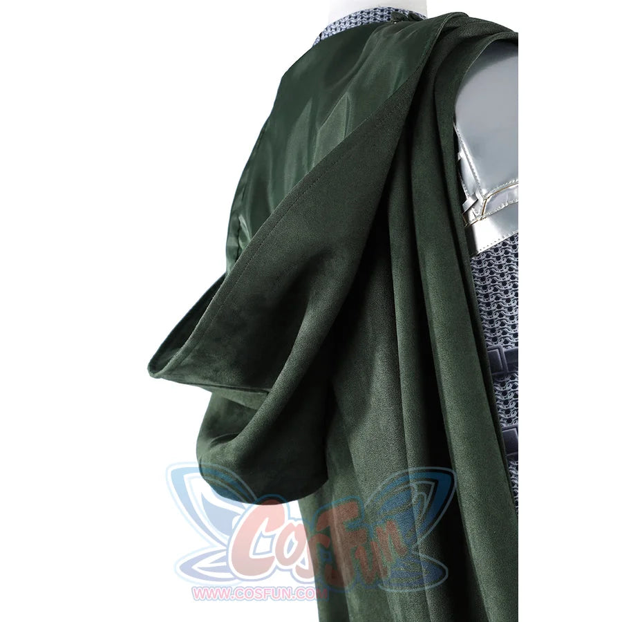 Doom Victor von Doom cosplay costume drops the green cape in a folded side detail.