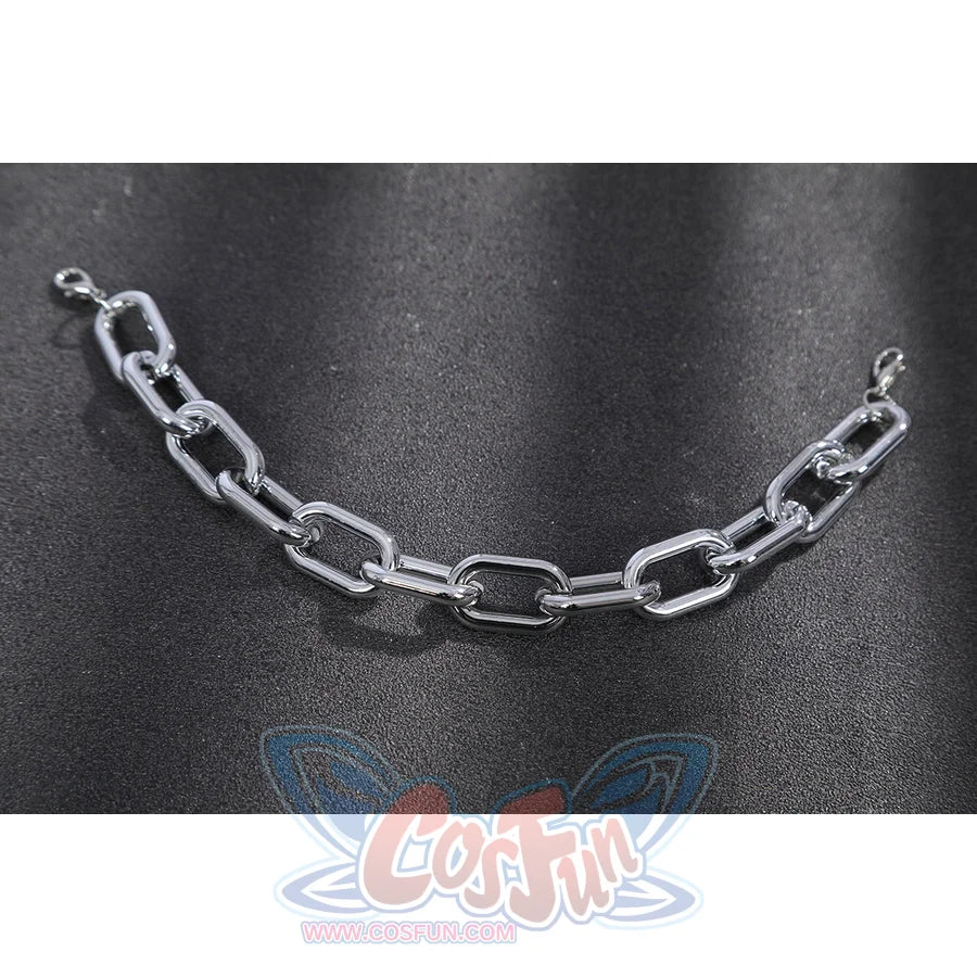 Doom Victor von Doom cosplay costume lays a silver-tone chain across black fabric.