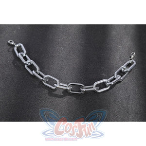 Doom Victor von Doom cosplay costume lays a silver-tone chain across black fabric.