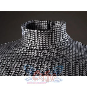 Victor Von Doom cosplay costume details the high chainmail-pattern collar and tight woven texture.