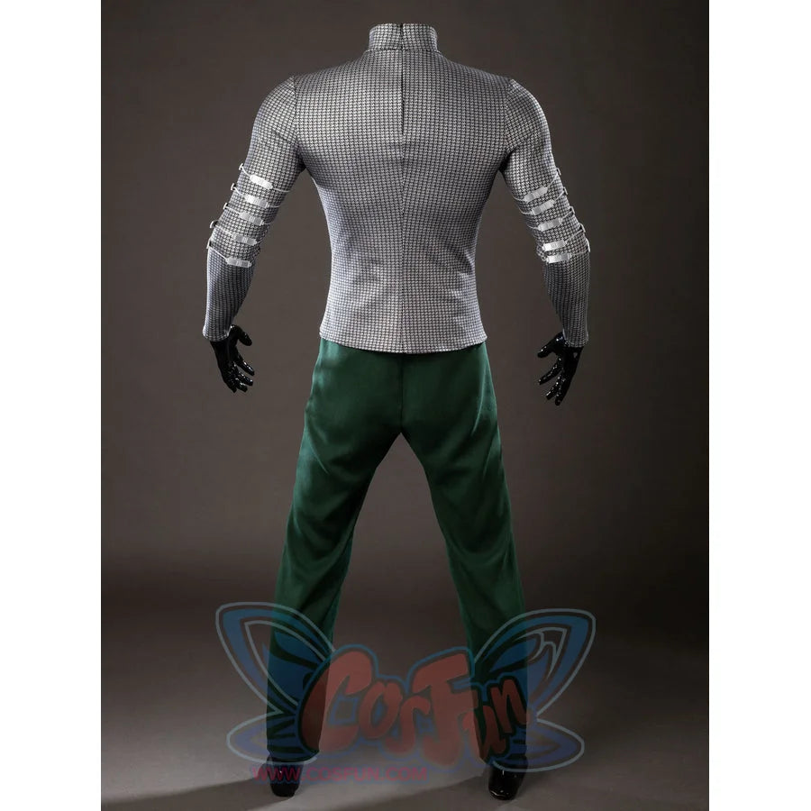 Victor Von Doom cosplay costume base layer back presents a chainmail-pattern shirt above green pants.