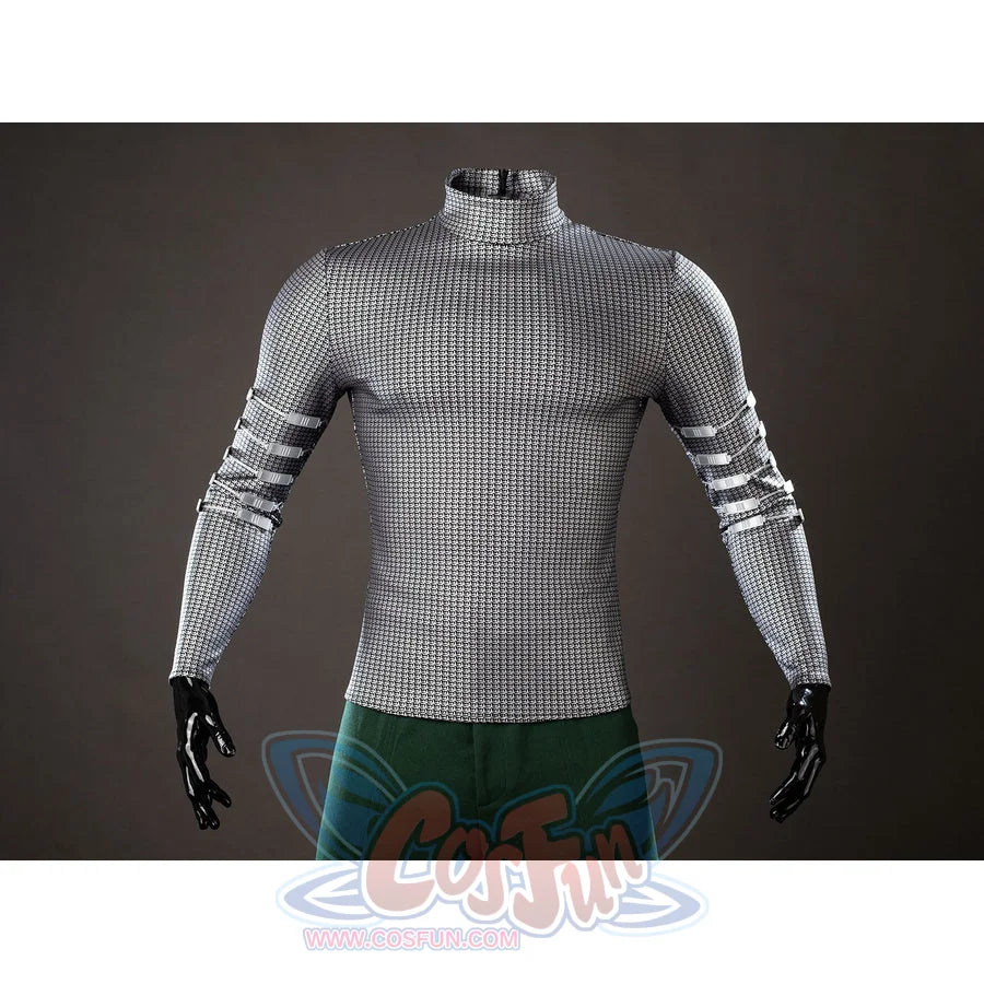 Victor Von Doom cosplay costume base shirt presents chainmail-pattern fabric above green pants.
