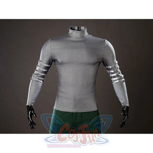 Victor Von Doom cosplay costume base shirt presents chainmail-pattern fabric above green pants.